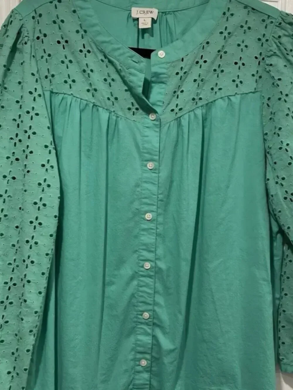 NWT Minty cotton Boho Embroidery eyelet puff sleeve button down blouse XS